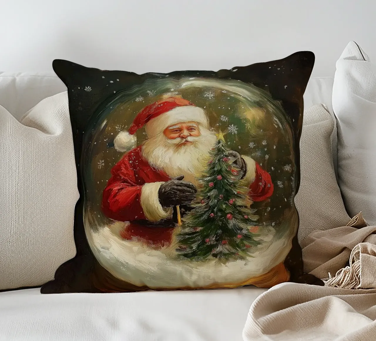 Babbo Natale con albero di Natale in una festosa palla di neve cuscino da Cozy Vibes