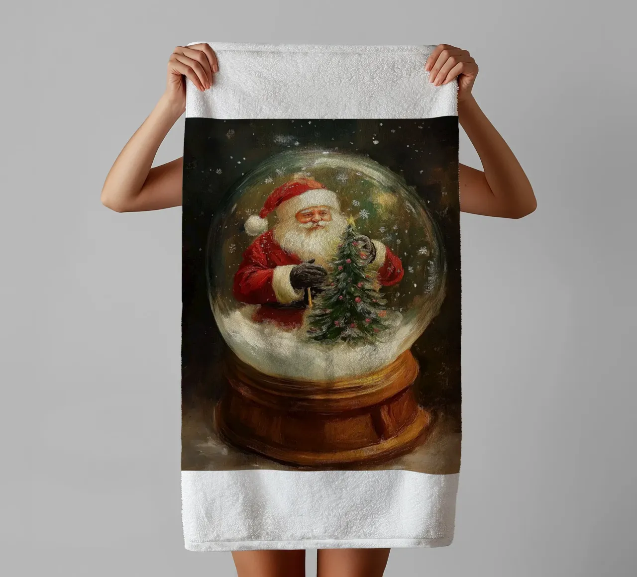 Babbo Natale con albero di Natale in una festosa palla di neve asciugamano da bagno da Cozy Vibes