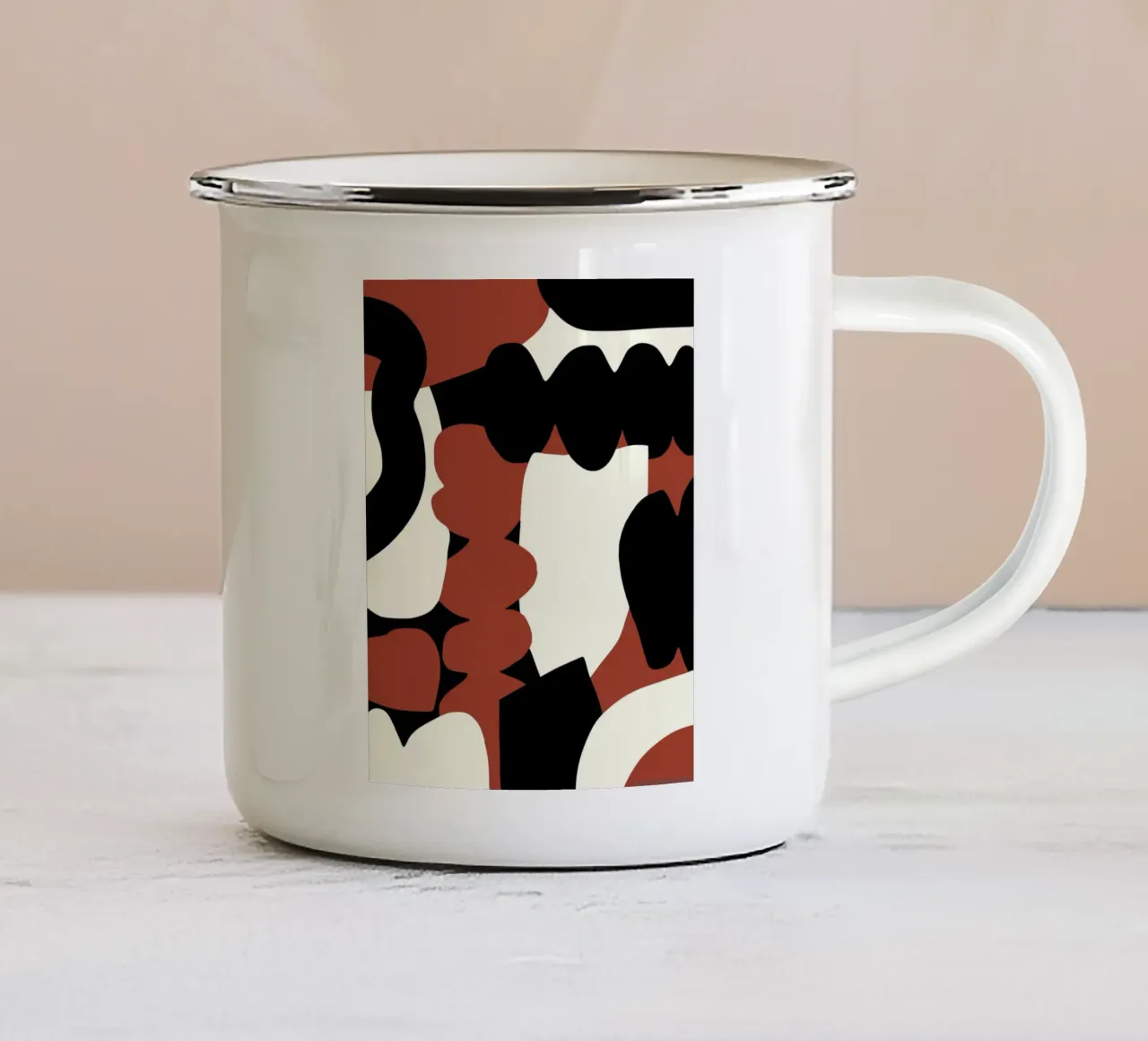 Zwart rood en wit abstract emaille mok van Little Dean