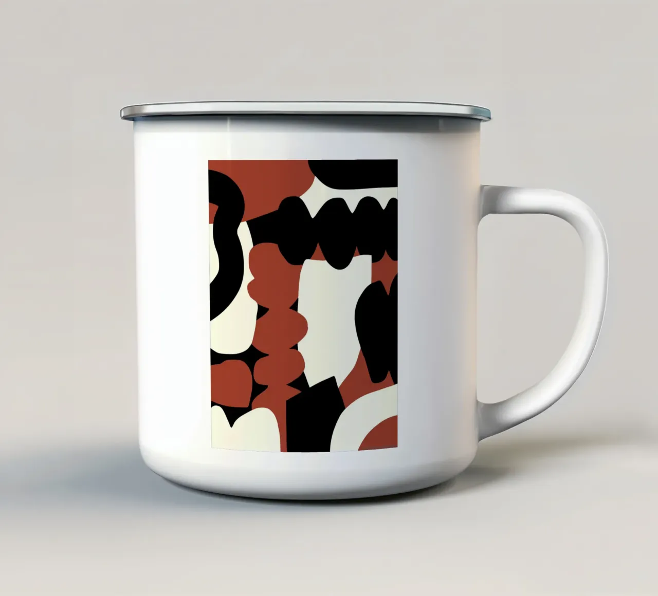 Zwart rood en wit abstract emaille mok van Little Dean