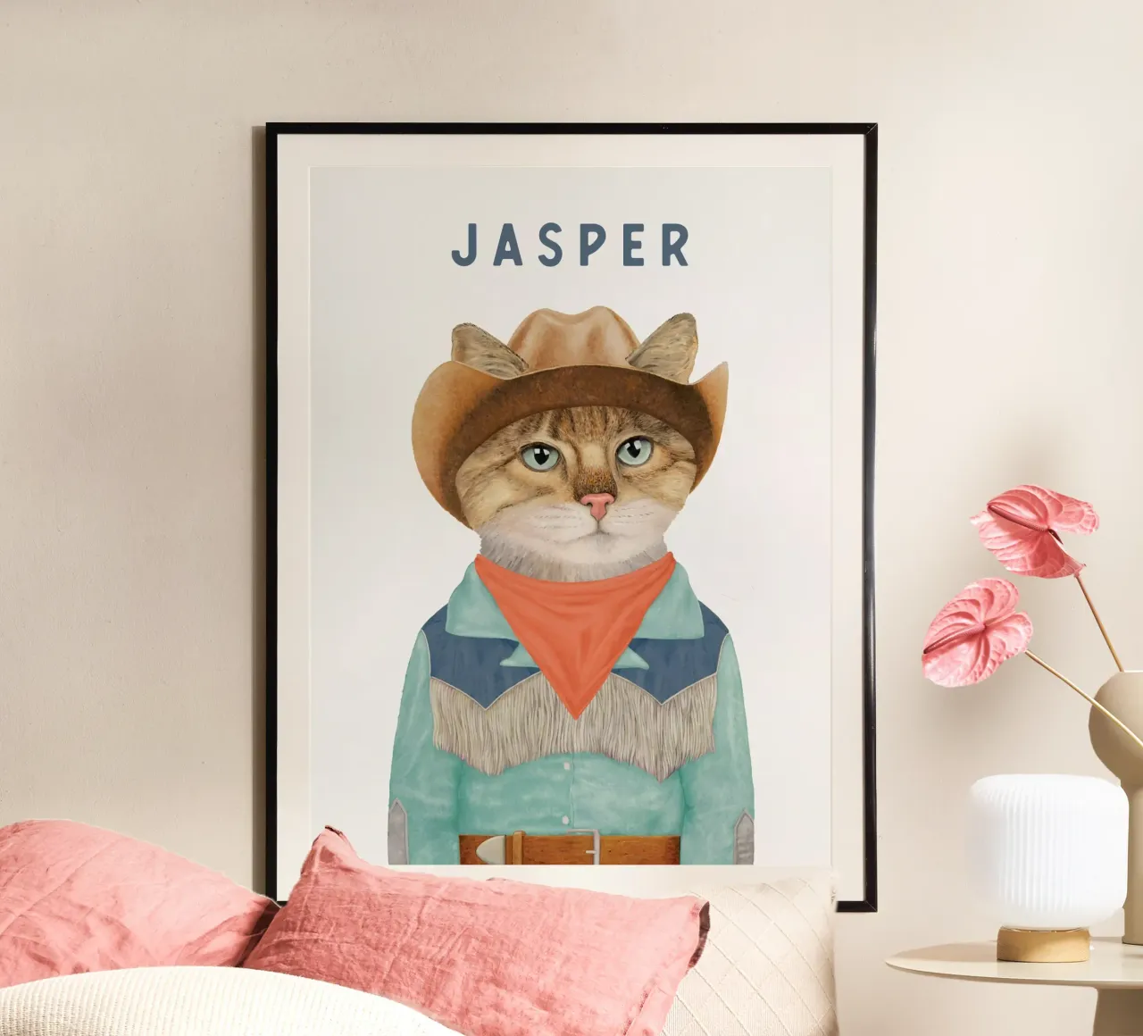 ADD NAME - COWBOY KITTEN poster with wooden frame by Animal Crew