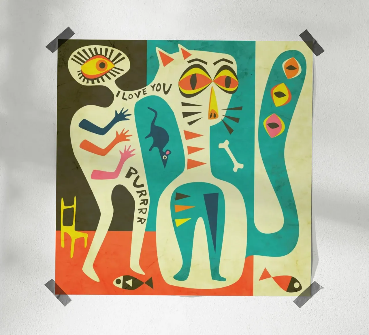 Uomo e gatto poster con telaio in legno da Jazzberry Blue