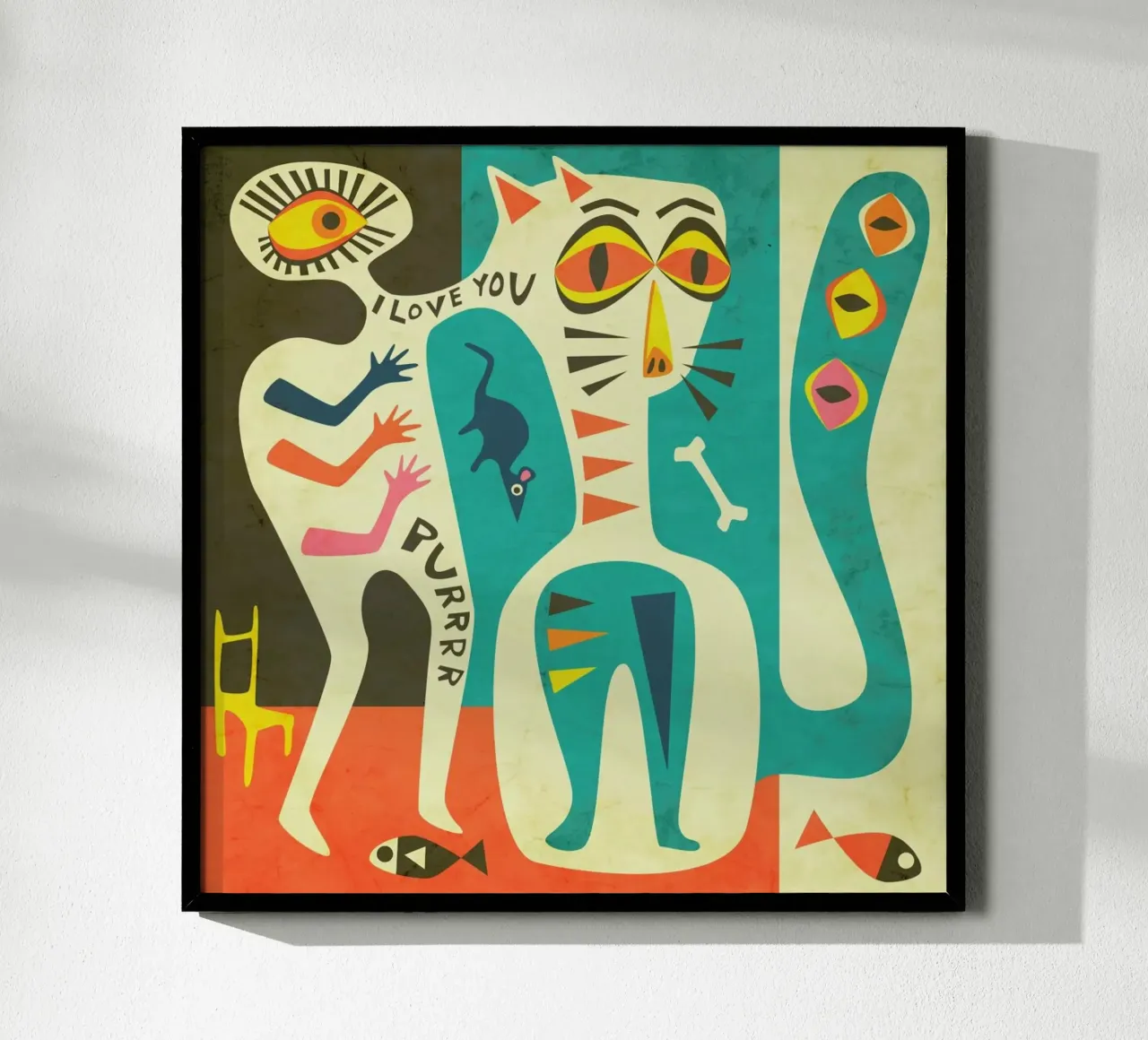 Uomo e gatto poster con telaio in legno da Jazzberry Blue