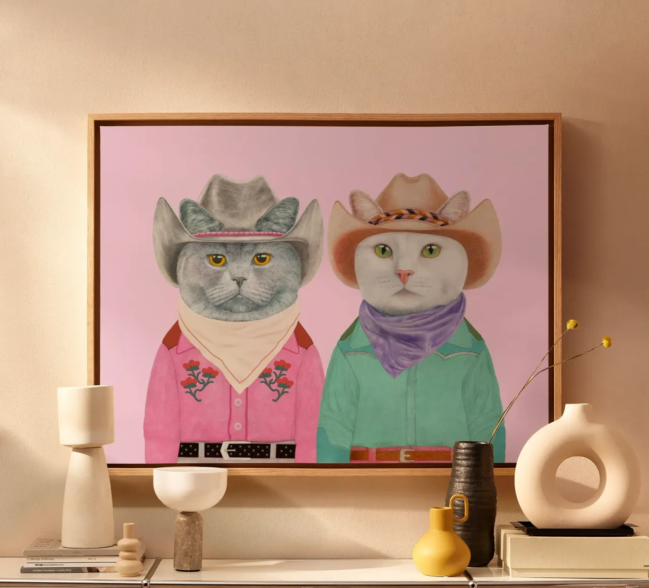 Rodeo Cats - witte en grijze katten canvas met Baklijst van Animal Crew