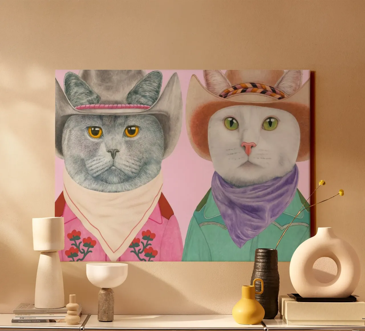 Rodeo Cats - witte en grijze katten canvas met Baklijst van Animal Crew