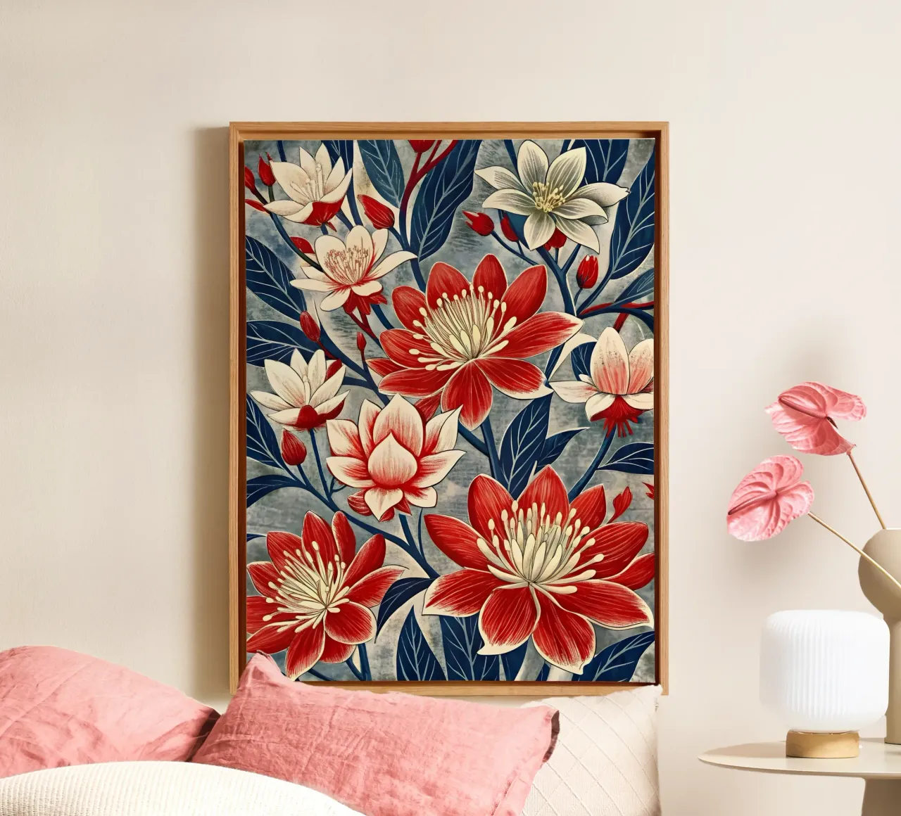 Karmozijnrood en crèmekleurig wandkleed canvas met Baklijst van Artistic-shop