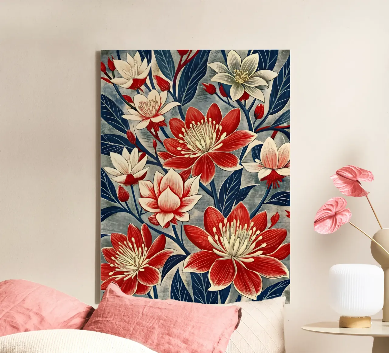 Karmozijnrood en crèmekleurig wandkleed canvas met Baklijst van Artistic-shop