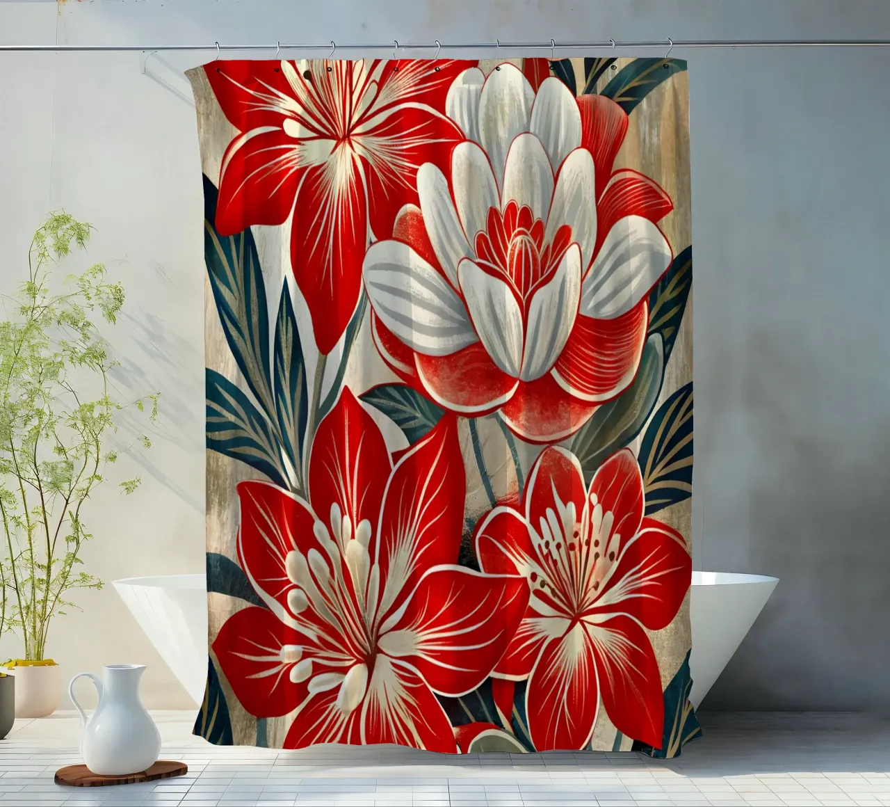 Bloemsymfonie in rood en wit douchegordijn van Artistic-shop