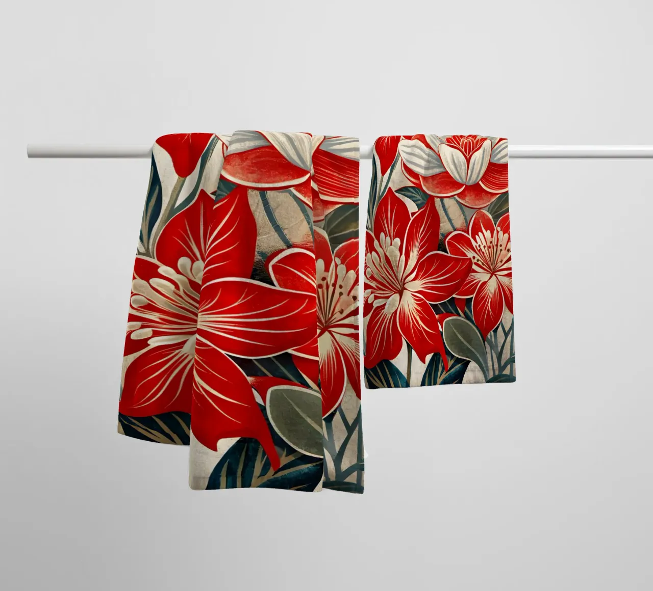 Bloemsymfonie in rood en wit badhanddoek van Artistic-shop