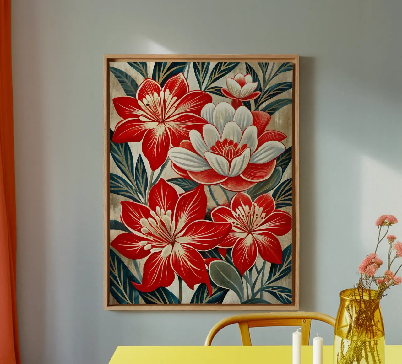 Bloemsymfonie in rood en wit canvas met Baklijst van Artistic-shop