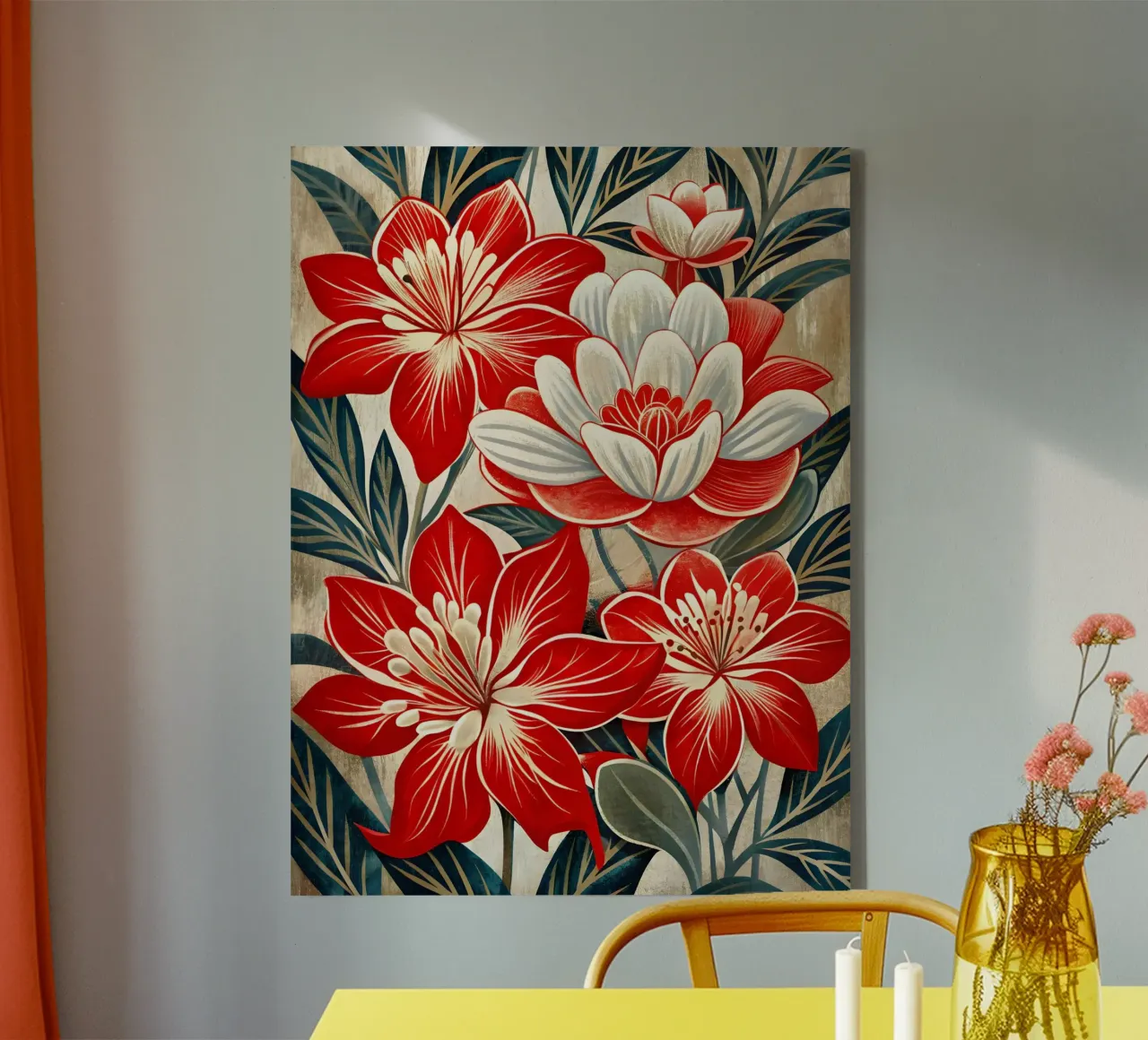 Bloemsymfonie in rood en wit canvas met Baklijst van Artistic-shop