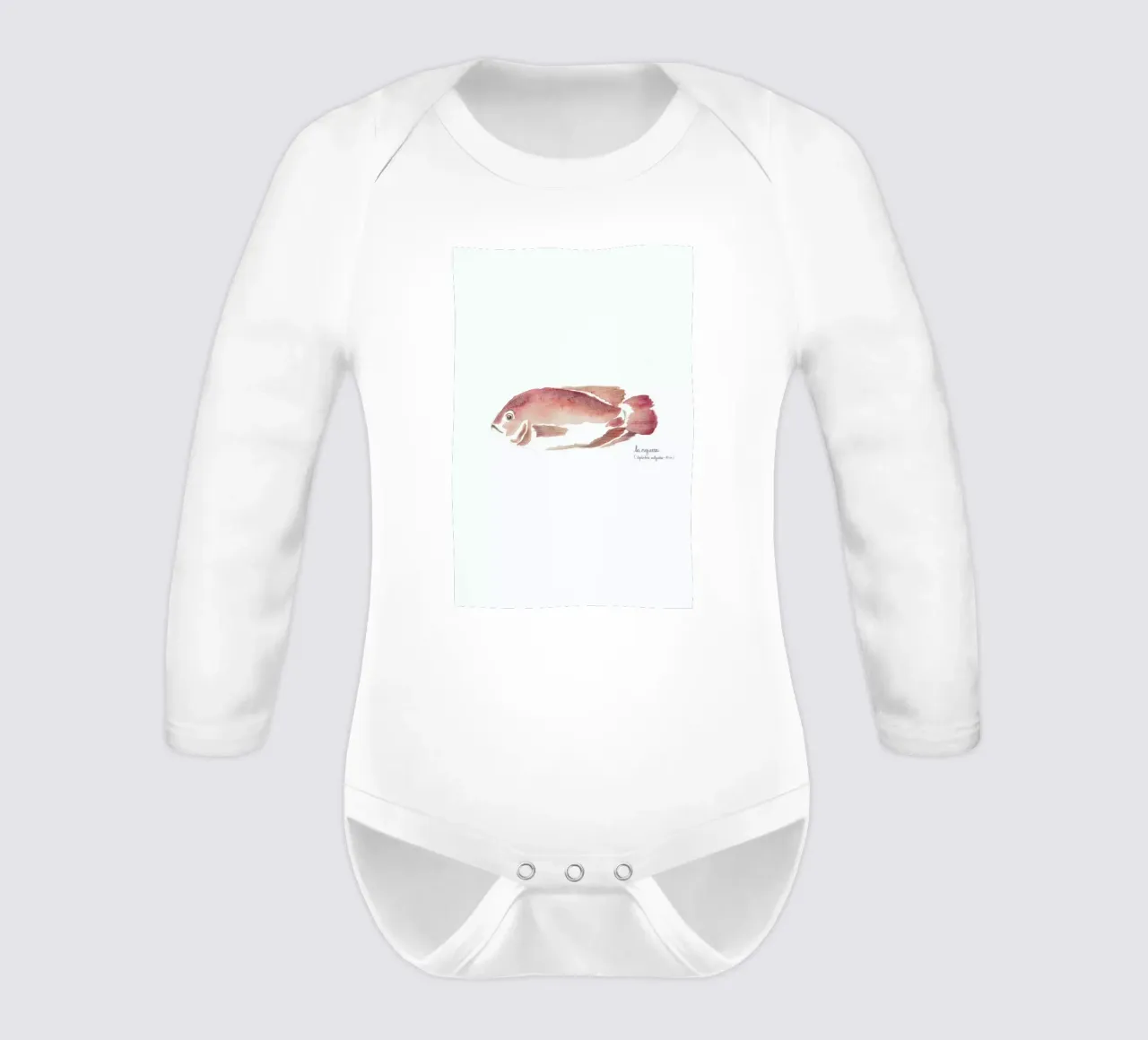 La Mojarra Roja ( red crappie) long-sleeve baby romper by Sandra De Leon