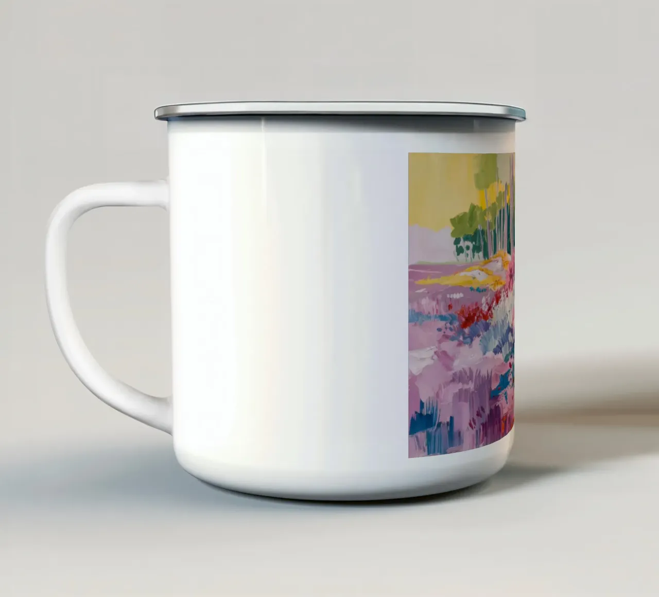 Paesaggio onirico floreale cromatico tazza in smalto da Angkasa Mist