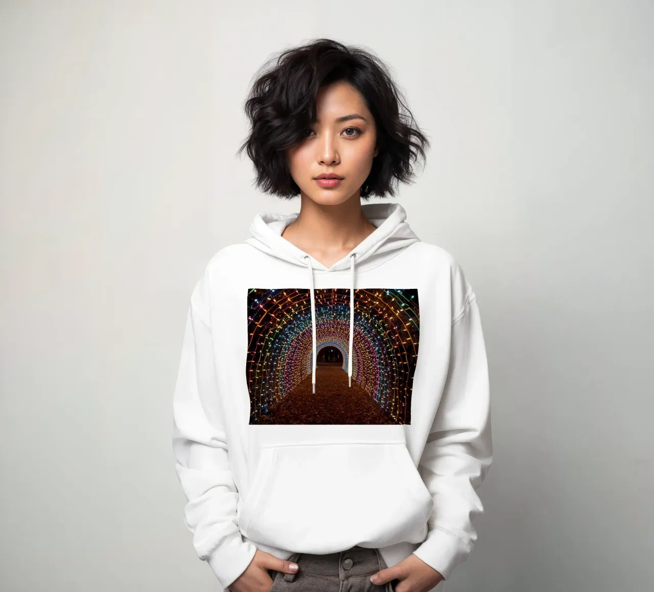 Tunnel ad arco con luci colorate e foglie cadute felpa con cappuccio da DesignDoodle