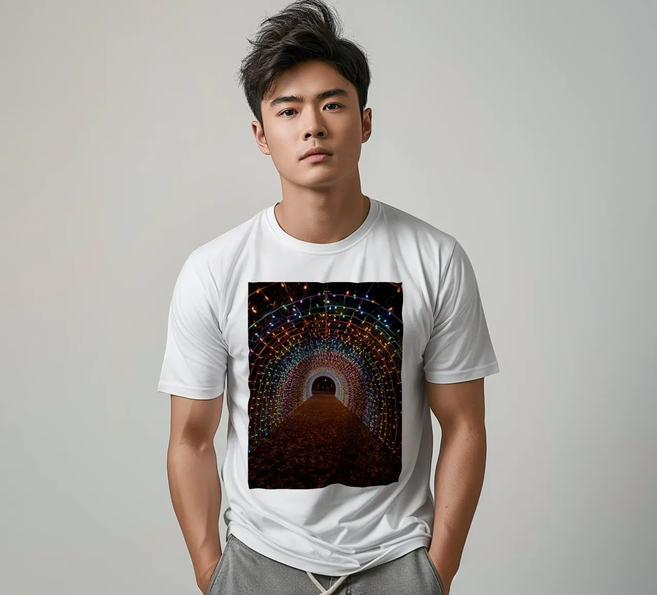 Tunnel ad arco con luci colorate e foglie cadute t-shirt da DesignDoodle