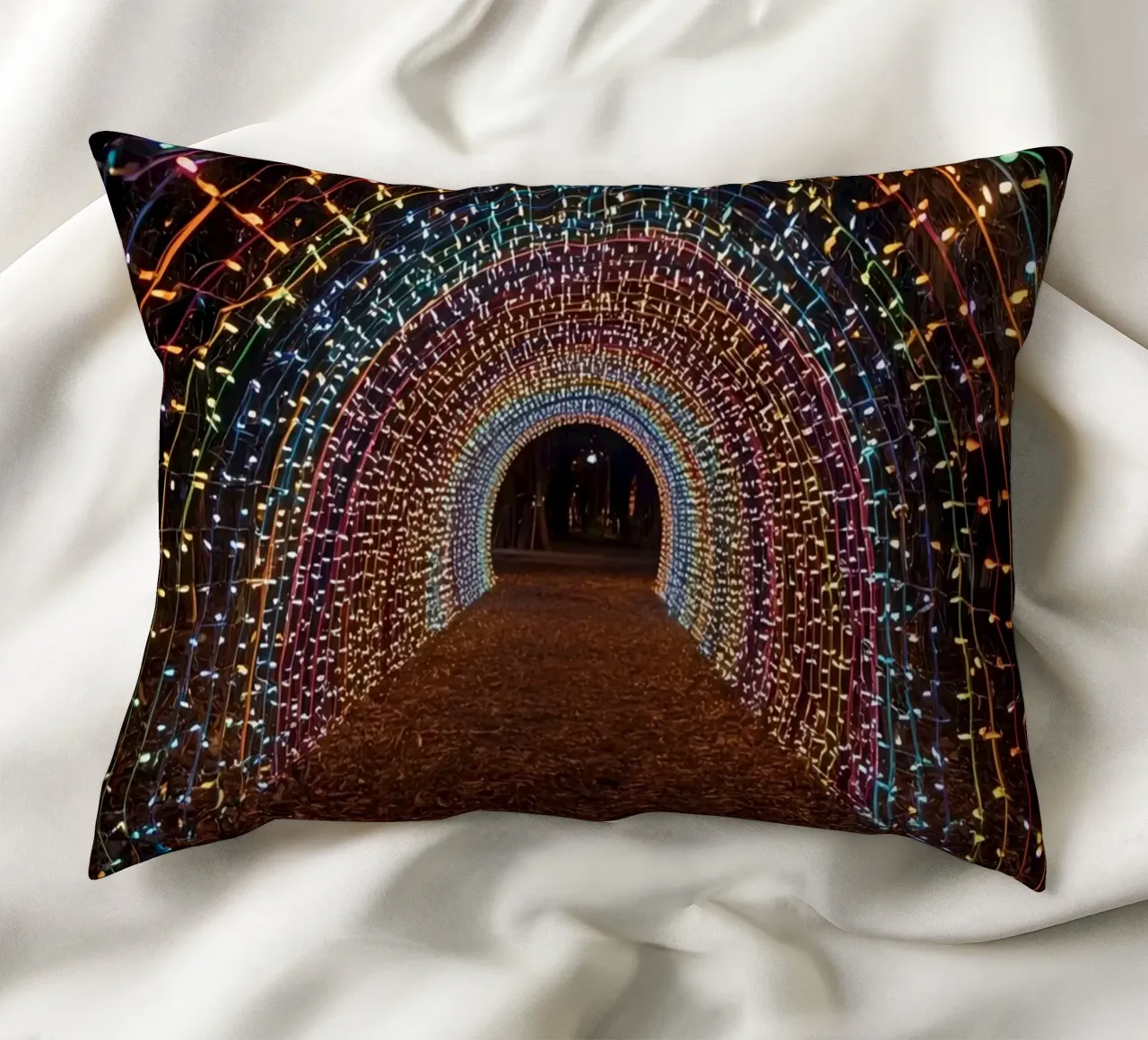 Tunnel ad arco con luci colorate e foglie cadute cuscino da DesignDoodle
