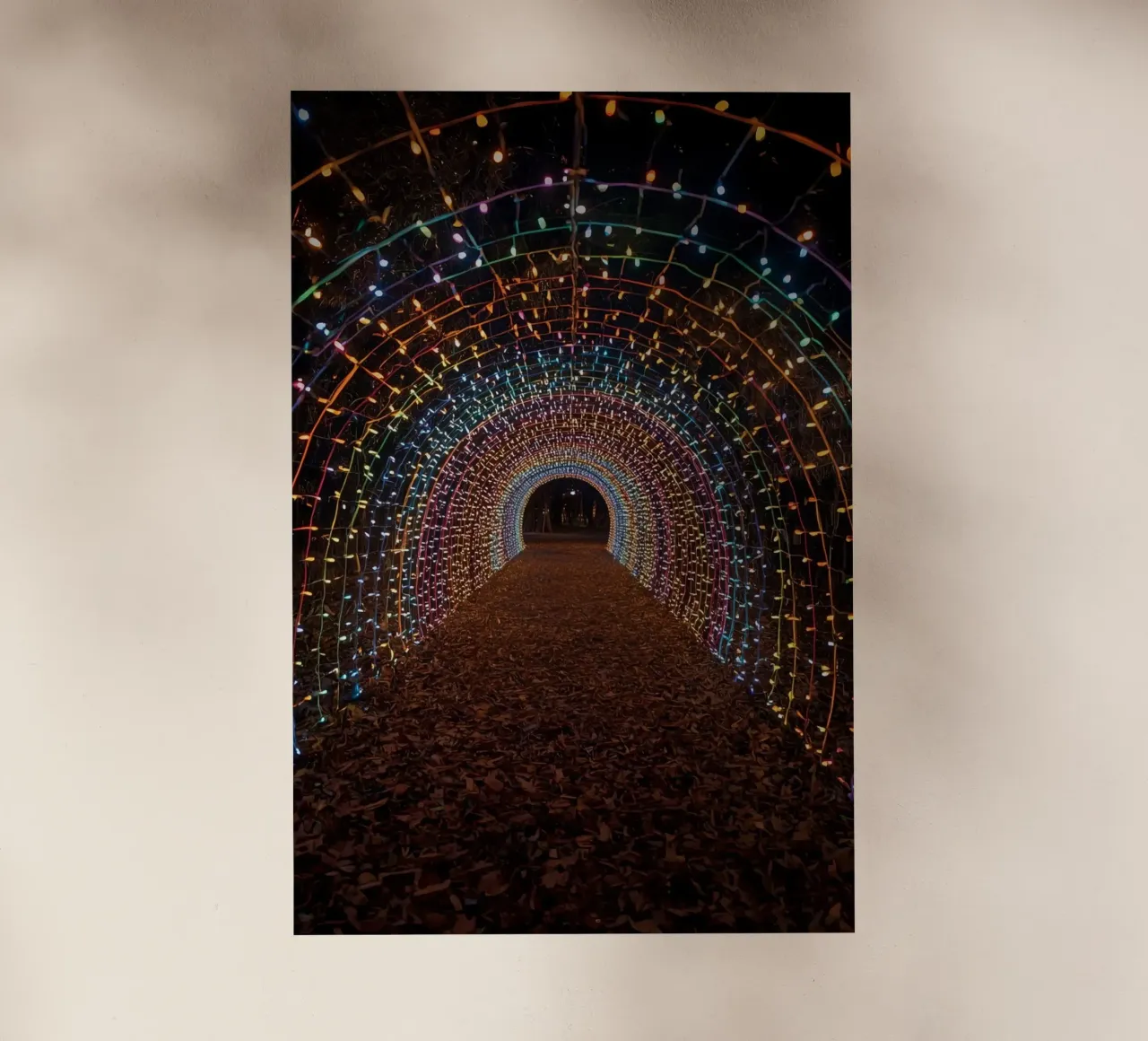 Tunnel ad arco con luci colorate e foglie cadute pellicola backlit da DesignDoodle