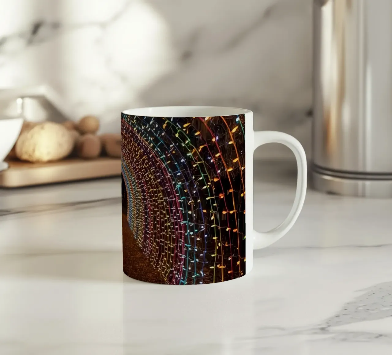 Tunnel ad arco con luci colorate e foglie cadute tazza in ceramica da DesignDoodle