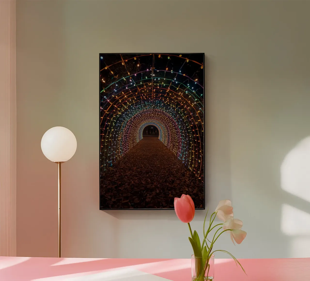 Tunnel ad arco con luci colorate e foglie cadute plexiglass da DesignDoodle