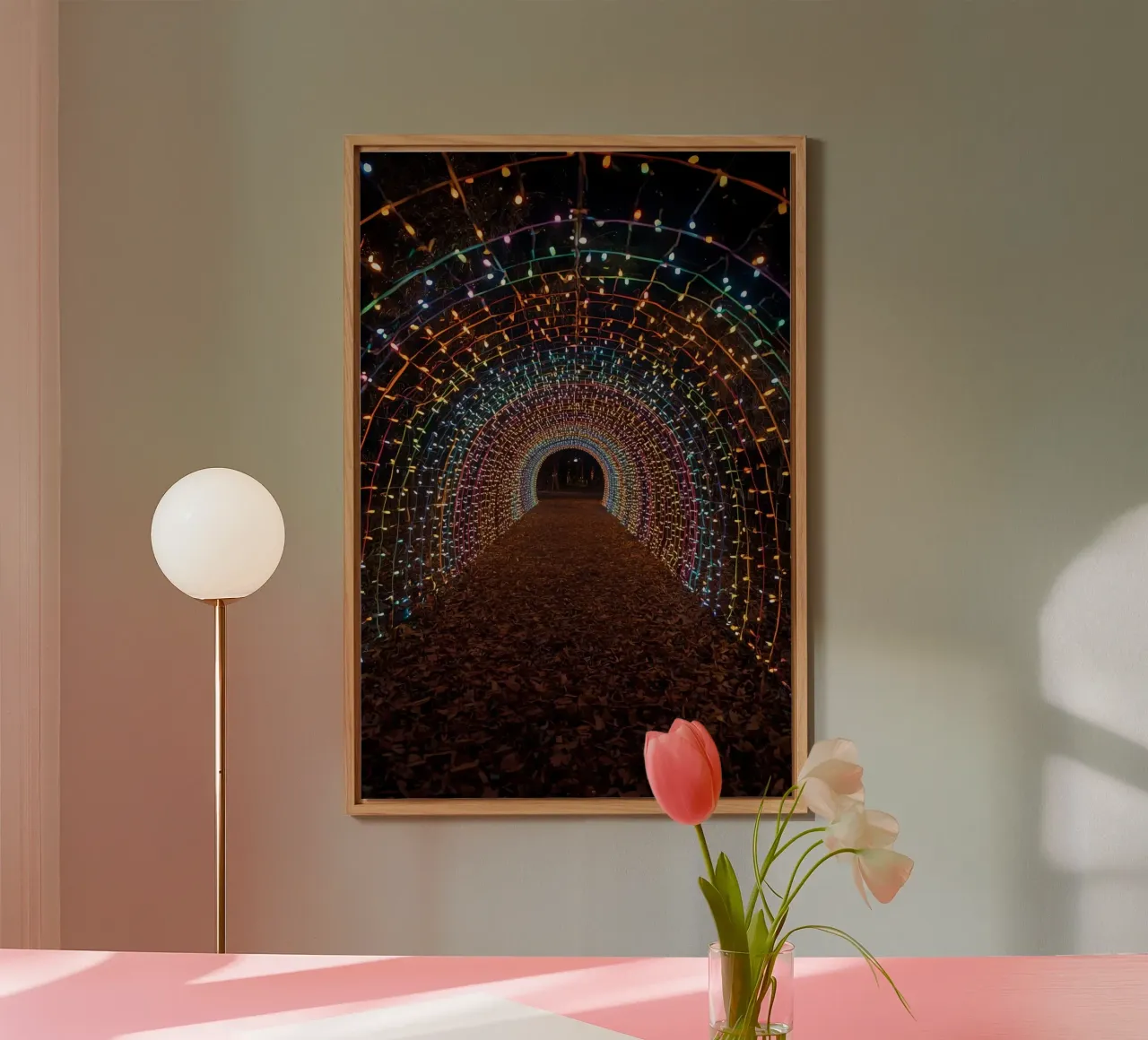 Tunnel ad arco con luci colorate e foglie cadute alluminio dibond da DesignDoodle