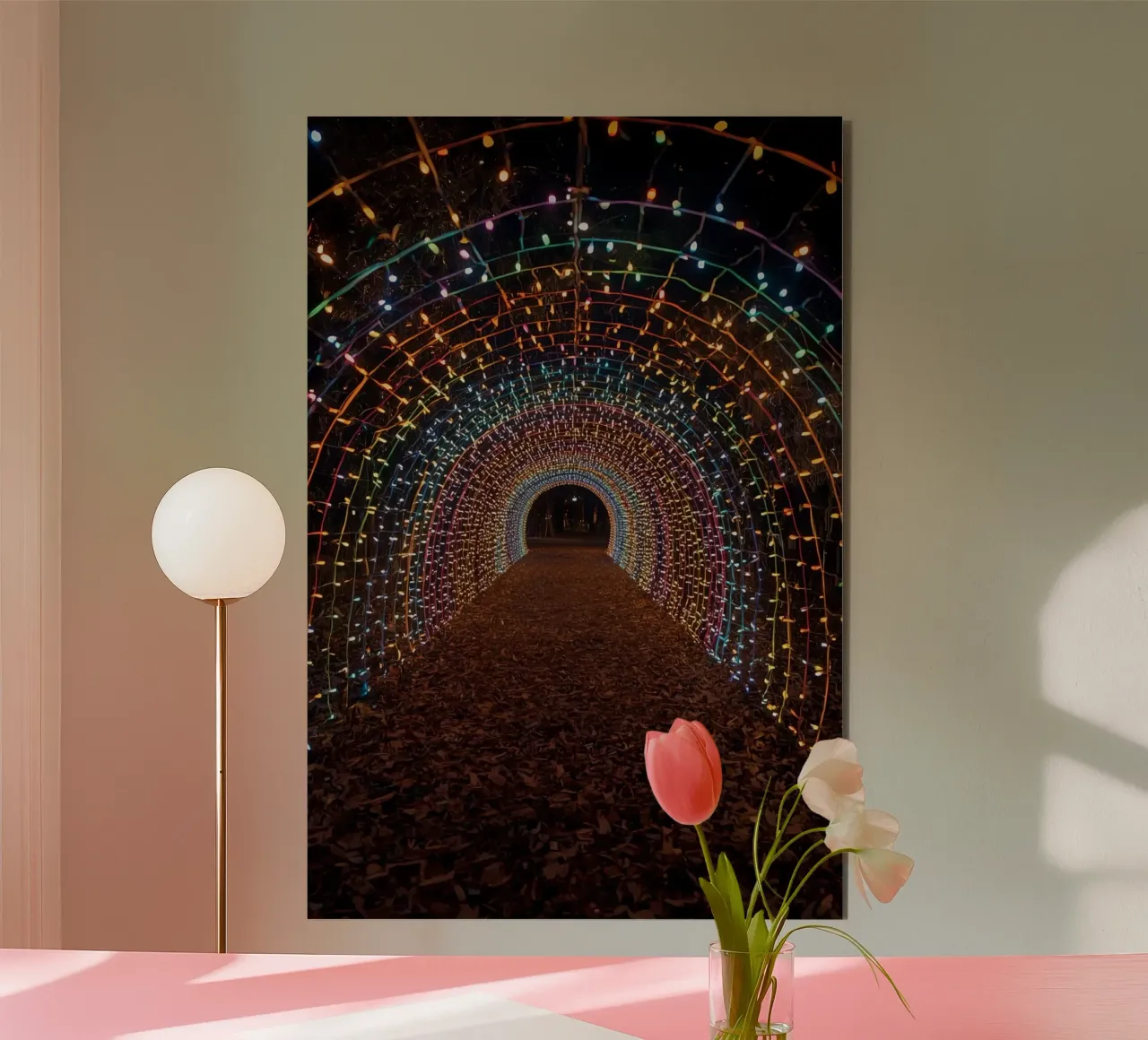 Tunnel ad arco con luci colorate e foglie cadute alluminio dibond da DesignDoodle
