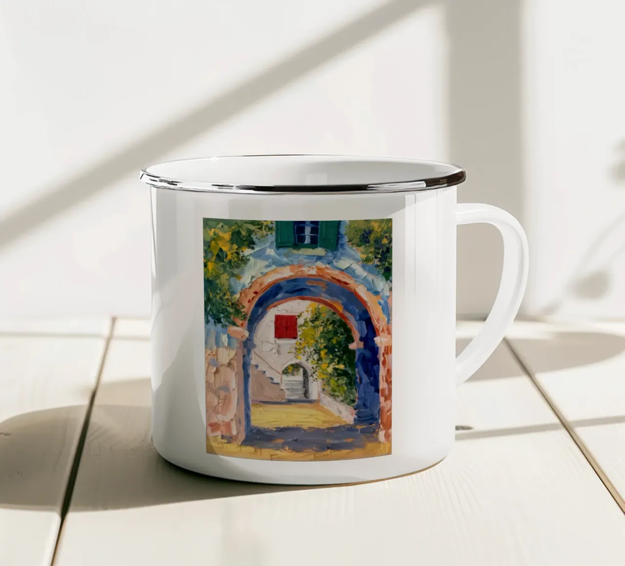 Scorcio di arco illuminato dal sole tazza in smalto da Angkasa Mist