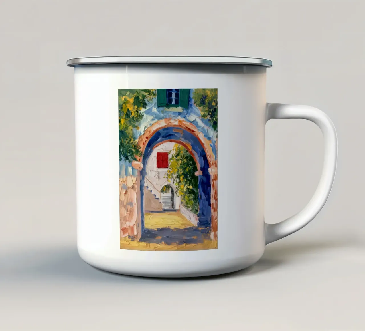 Scorcio di arco illuminato dal sole tazza in smalto da Angkasa Mist
