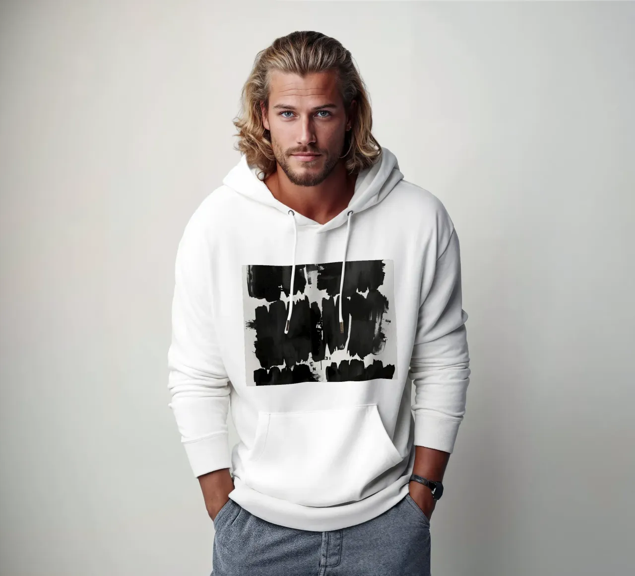Pennellate nere astratte su bianco felpa con cappuccio da DesignDoodle