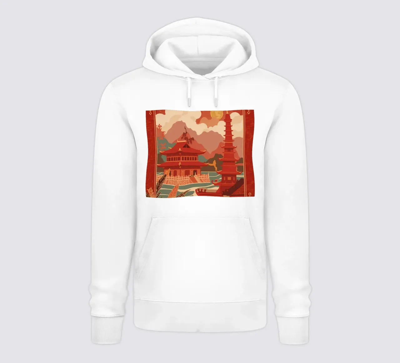 Paesaggio asiatico con pagode e bordura floreale felpa con cappuccio da DesignDoodle