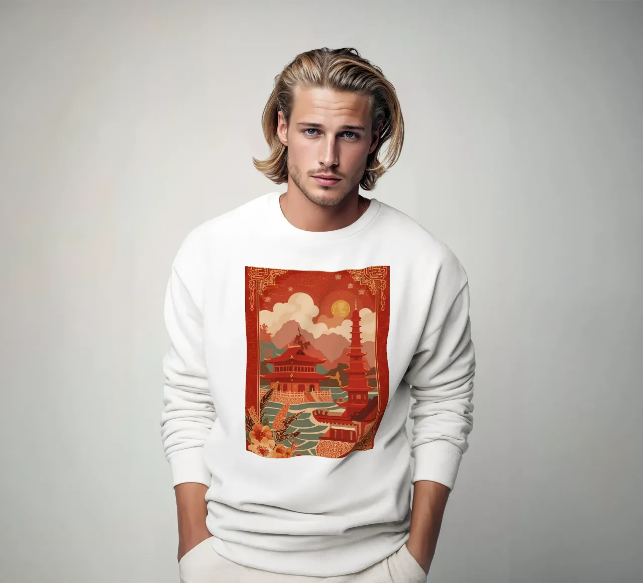 Paesaggio asiatico con pagode e bordura floreale felpa da DesignDoodle