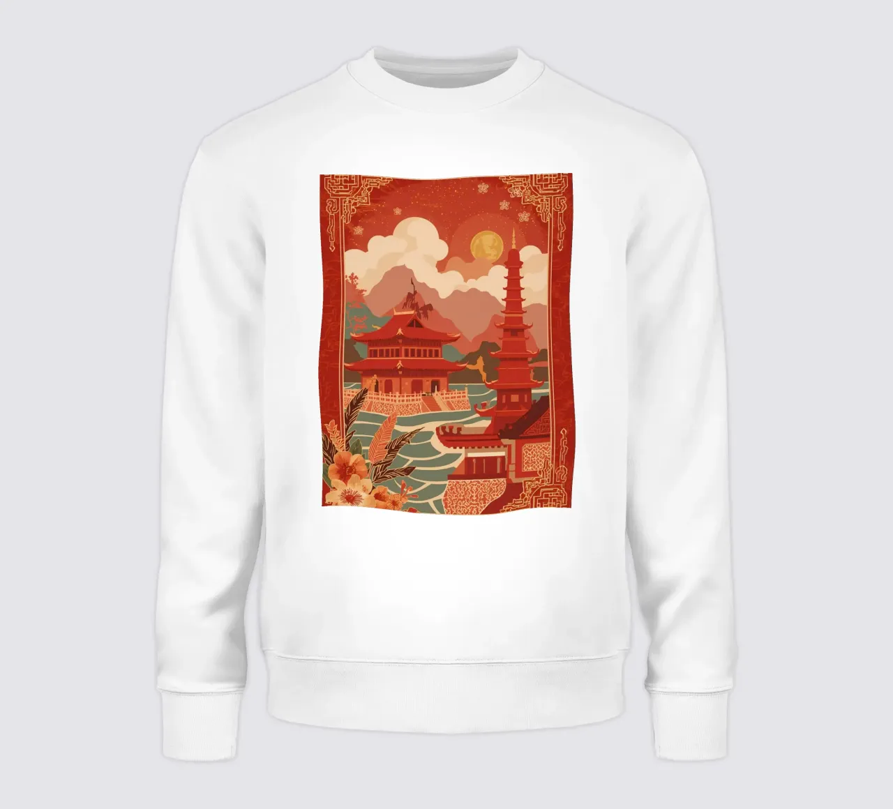Paesaggio asiatico con pagode e bordura floreale felpa da DesignDoodle