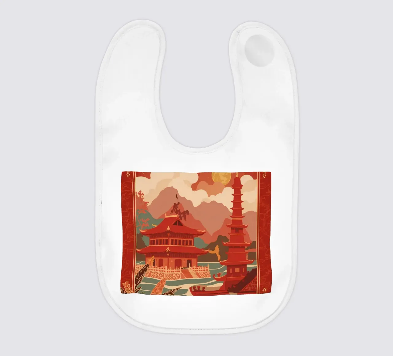 Paesaggio asiatico con pagode e bordura floreale bavaglino da DesignDoodle
