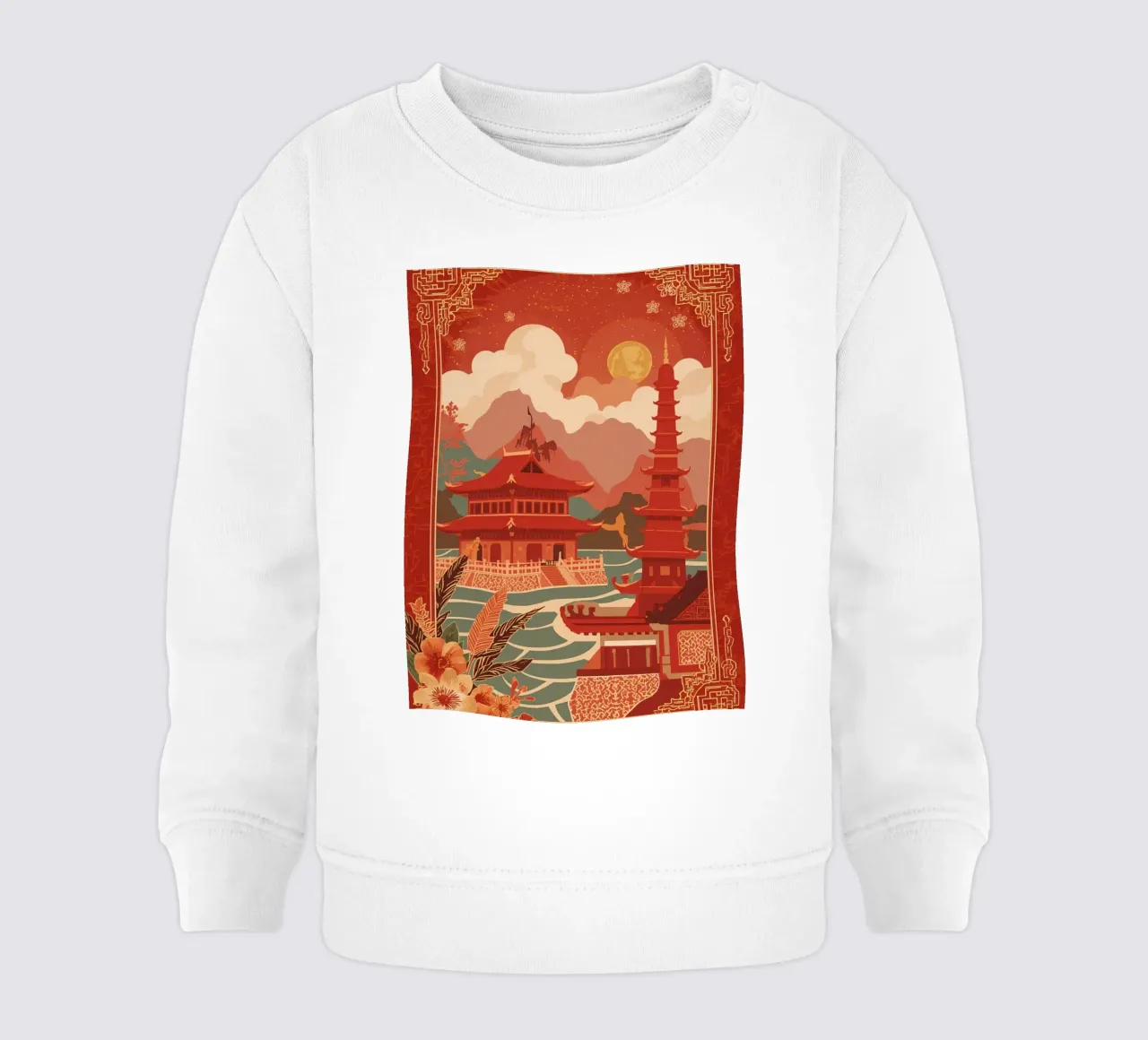 Paesaggio asiatico con pagode e bordura floreale felpa neonato da DesignDoodle