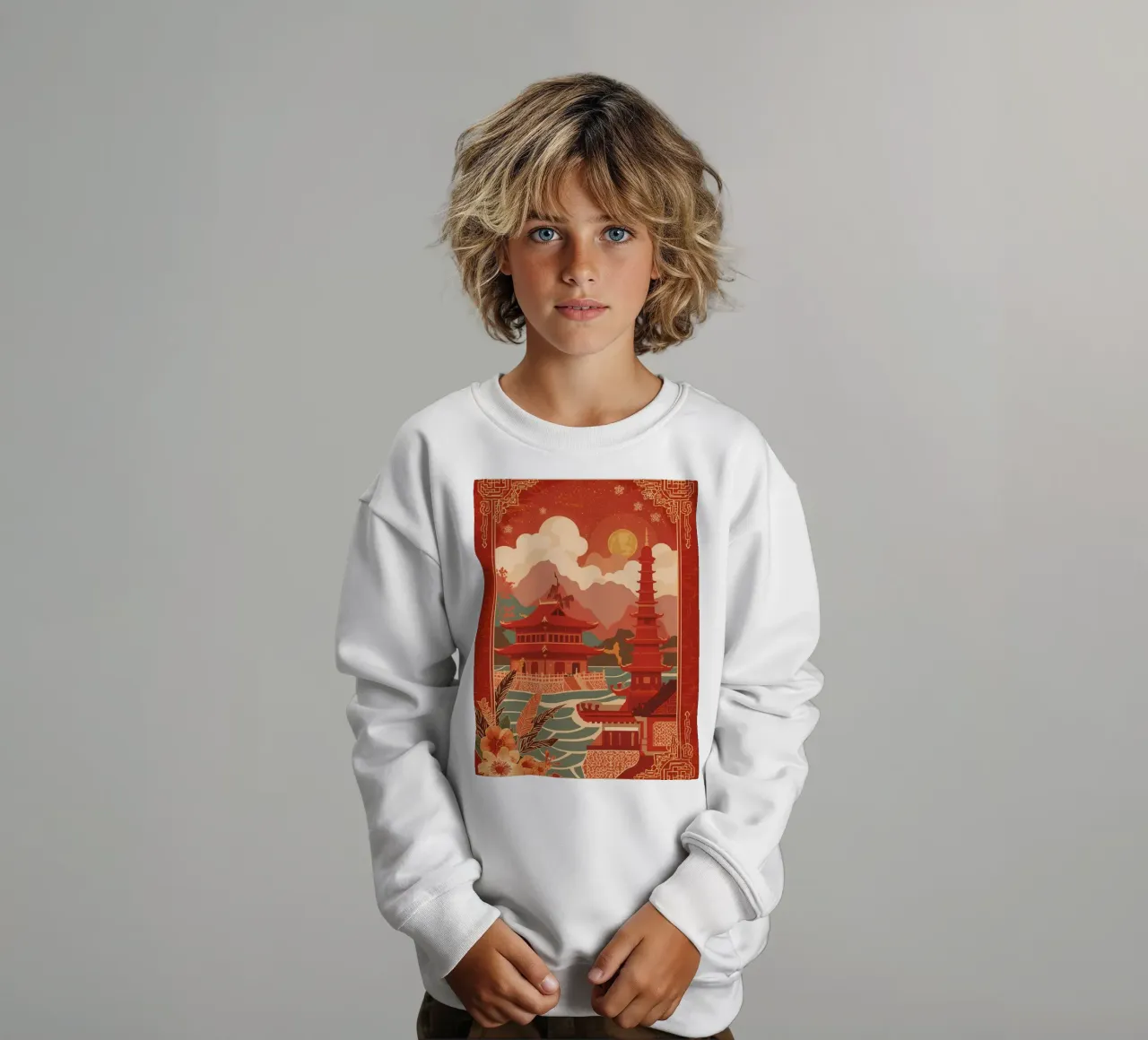 Paesaggio asiatico con pagode e bordura floreale felpa bambino da DesignDoodle