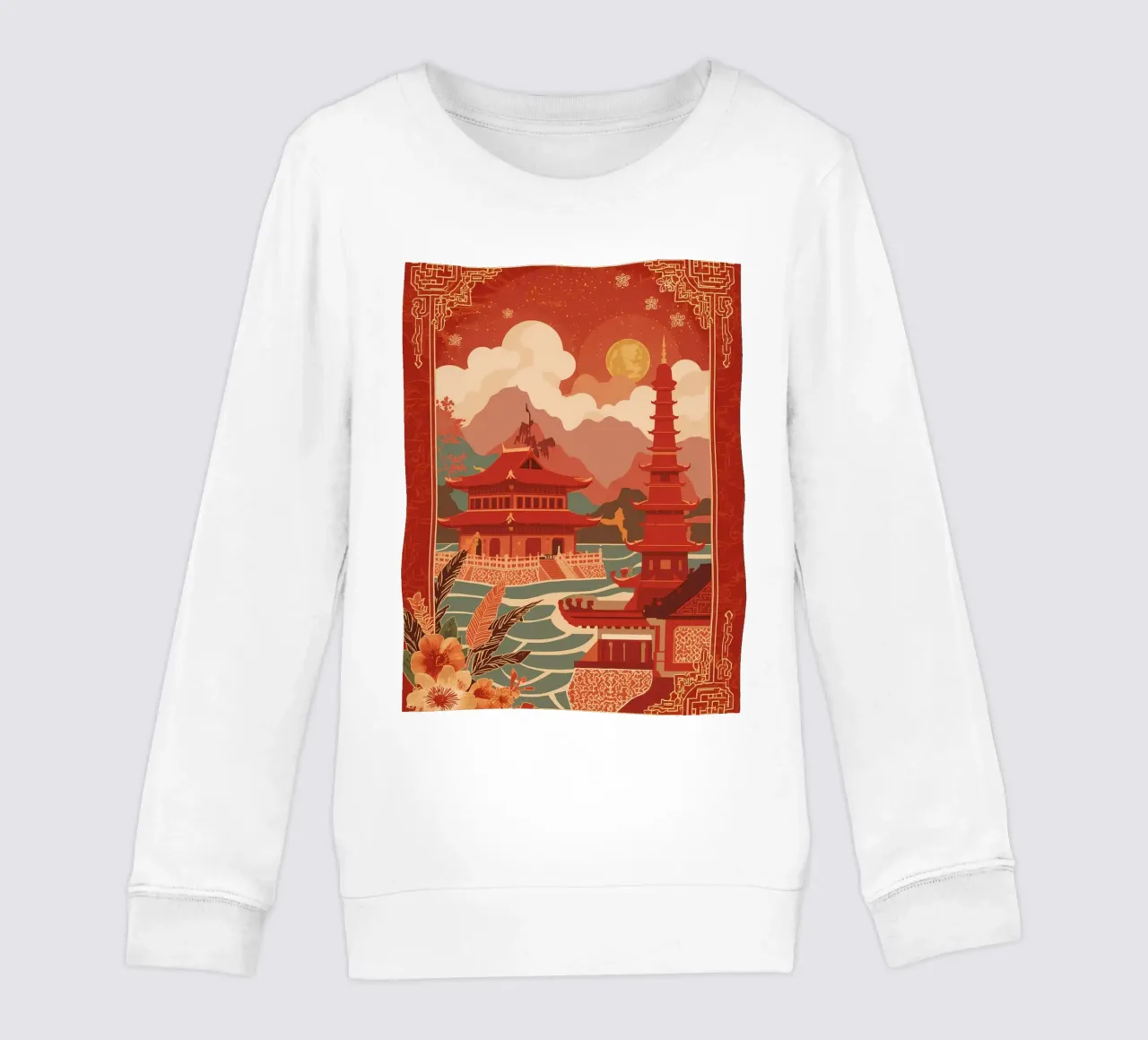 Paesaggio asiatico con pagode e bordura floreale felpa bambino da DesignDoodle