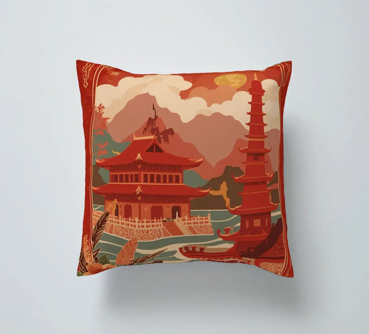 Paesaggio asiatico con pagode e bordura floreale cuscino da DesignDoodle