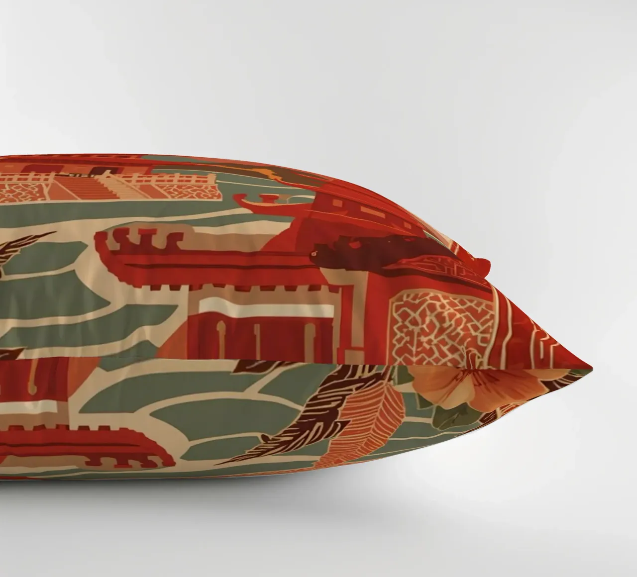 Paesaggio asiatico con pagode e bordura floreale cuscino da DesignDoodle