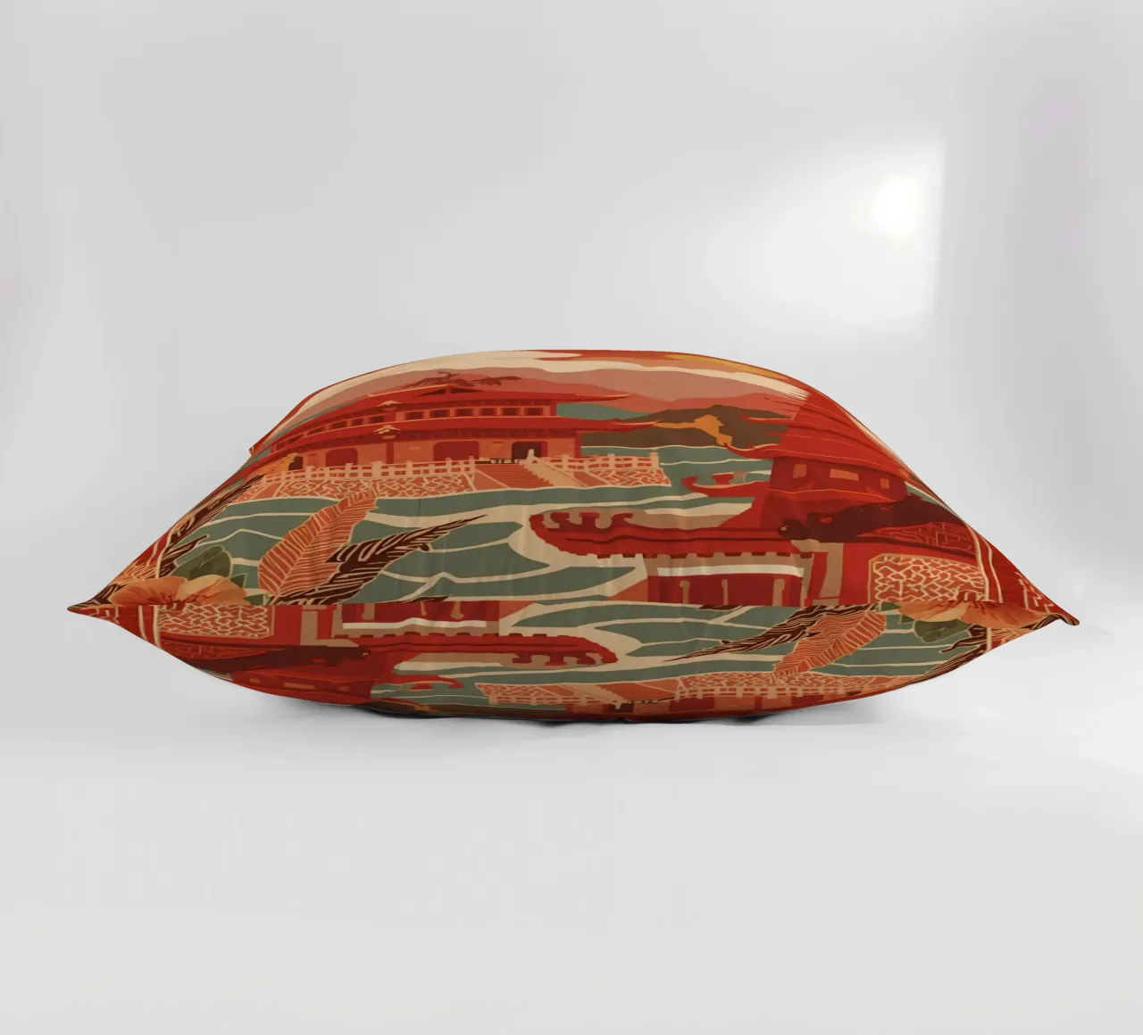 Paesaggio asiatico con pagode e bordura floreale cuscino da DesignDoodle