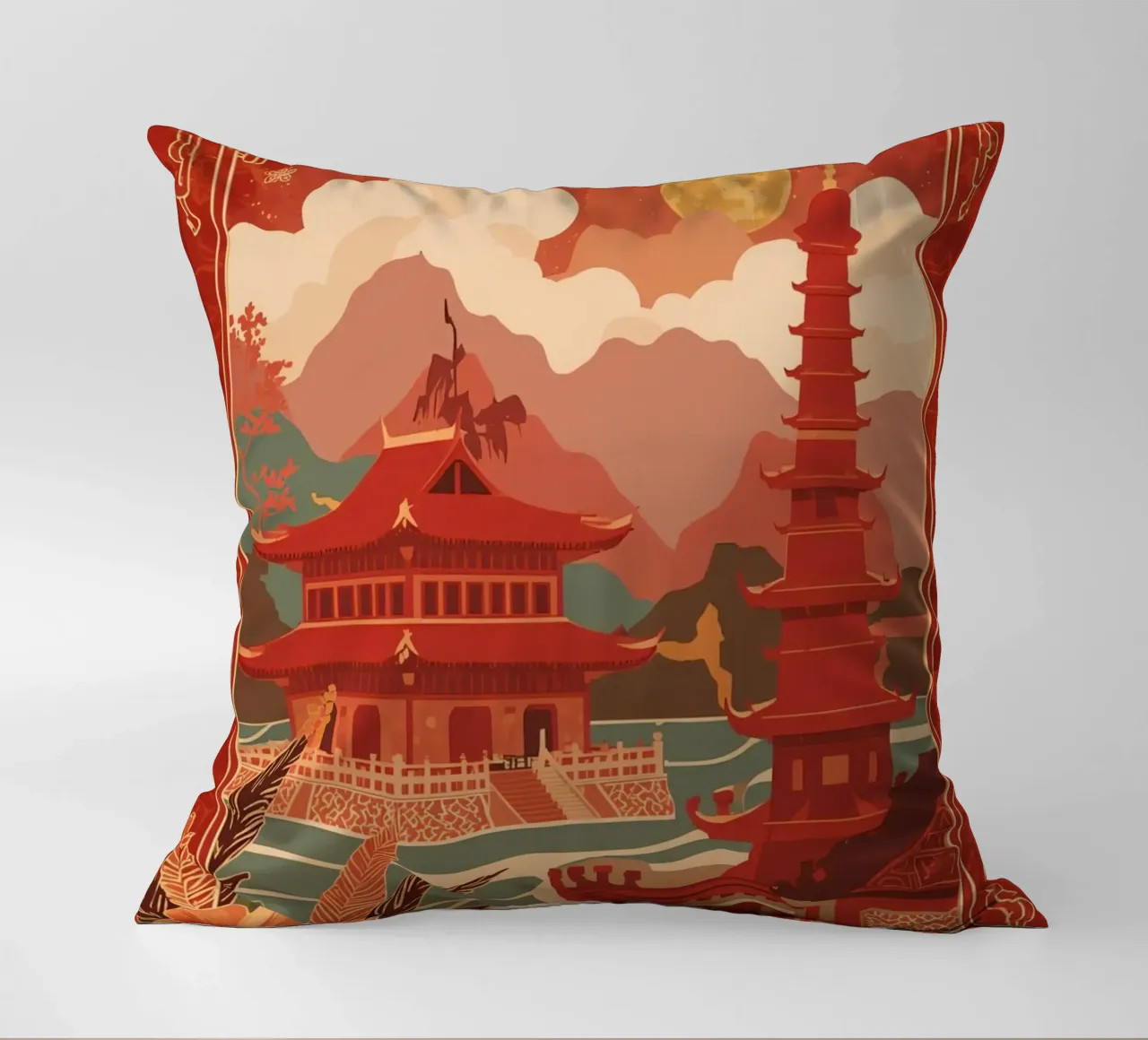 Paesaggio asiatico con pagode e bordura floreale cuscino da DesignDoodle