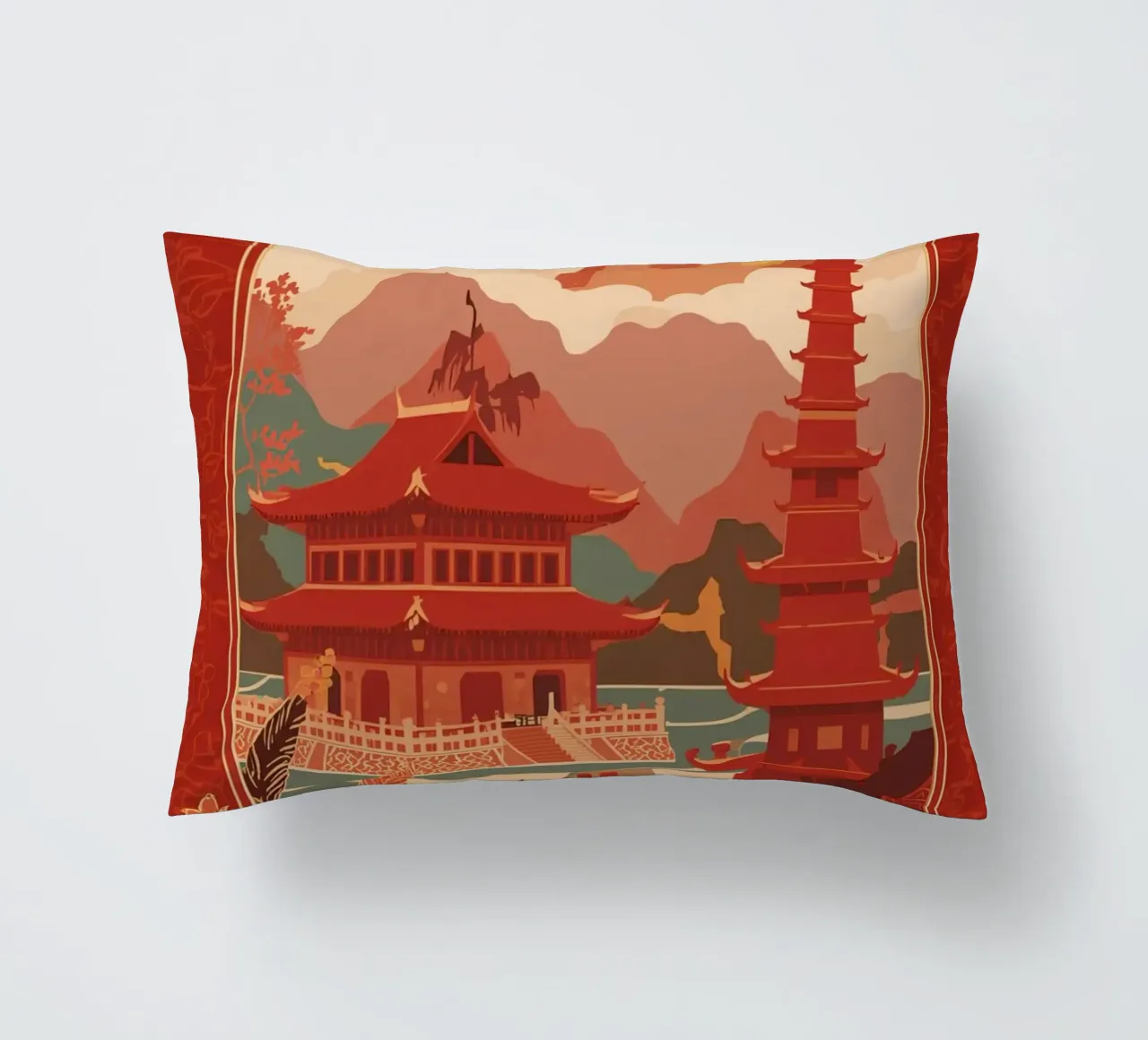Paesaggio asiatico con pagode e bordura floreale cuscino da DesignDoodle
