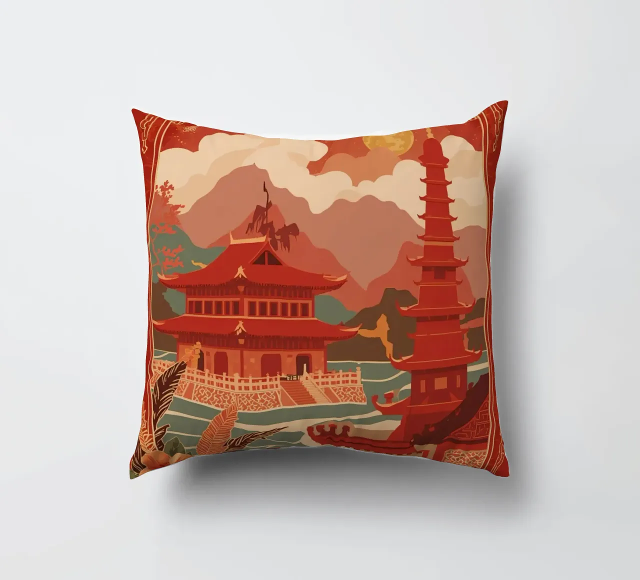 Paesaggio asiatico con pagode e bordura floreale cuscino da DesignDoodle