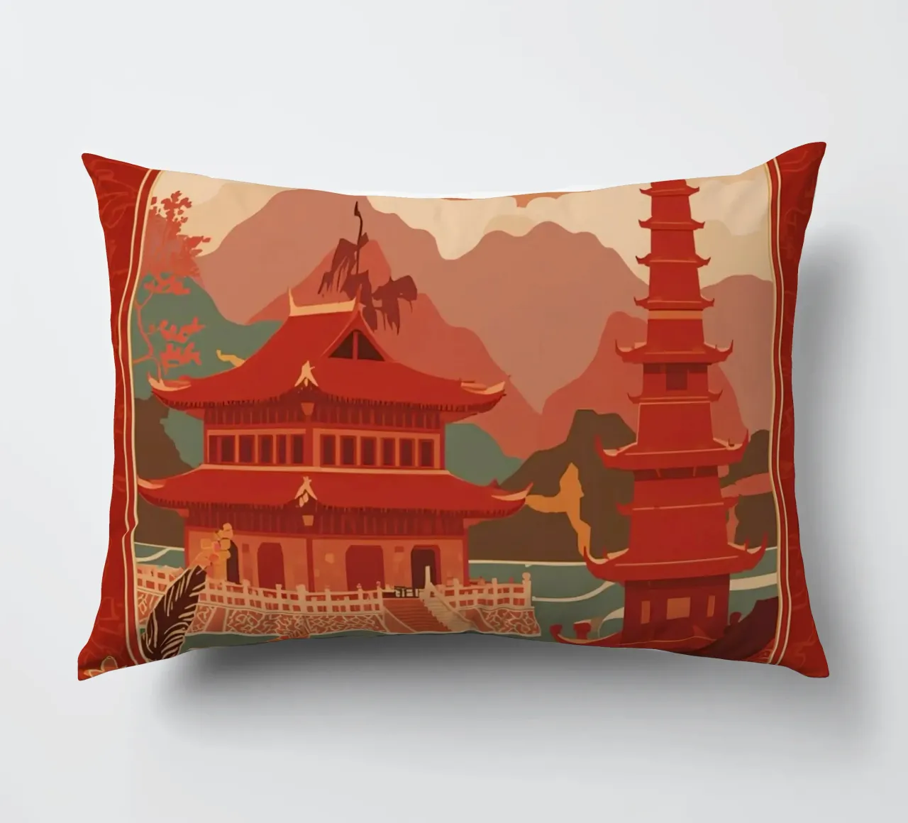 Paesaggio asiatico con pagode e bordura floreale cuscino da DesignDoodle