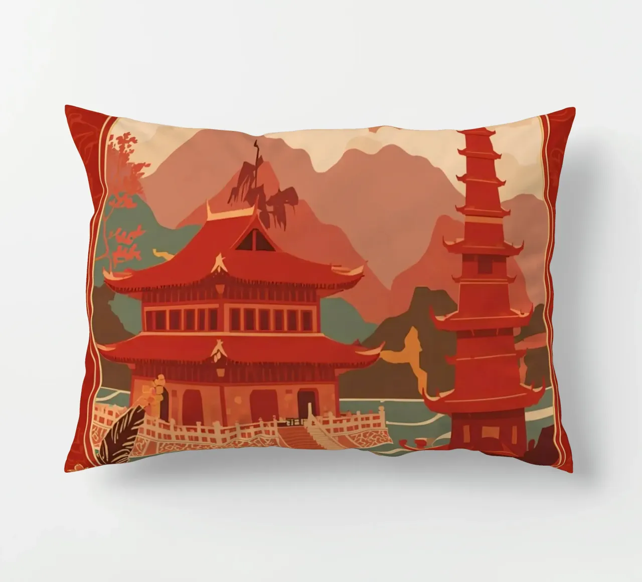 Paesaggio asiatico con pagode e bordura floreale cuscino da DesignDoodle