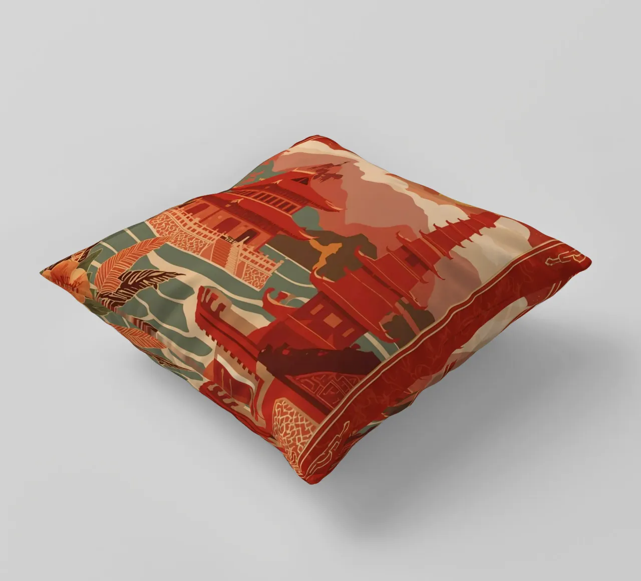 Paesaggio asiatico con pagode e bordura floreale cuscino da DesignDoodle