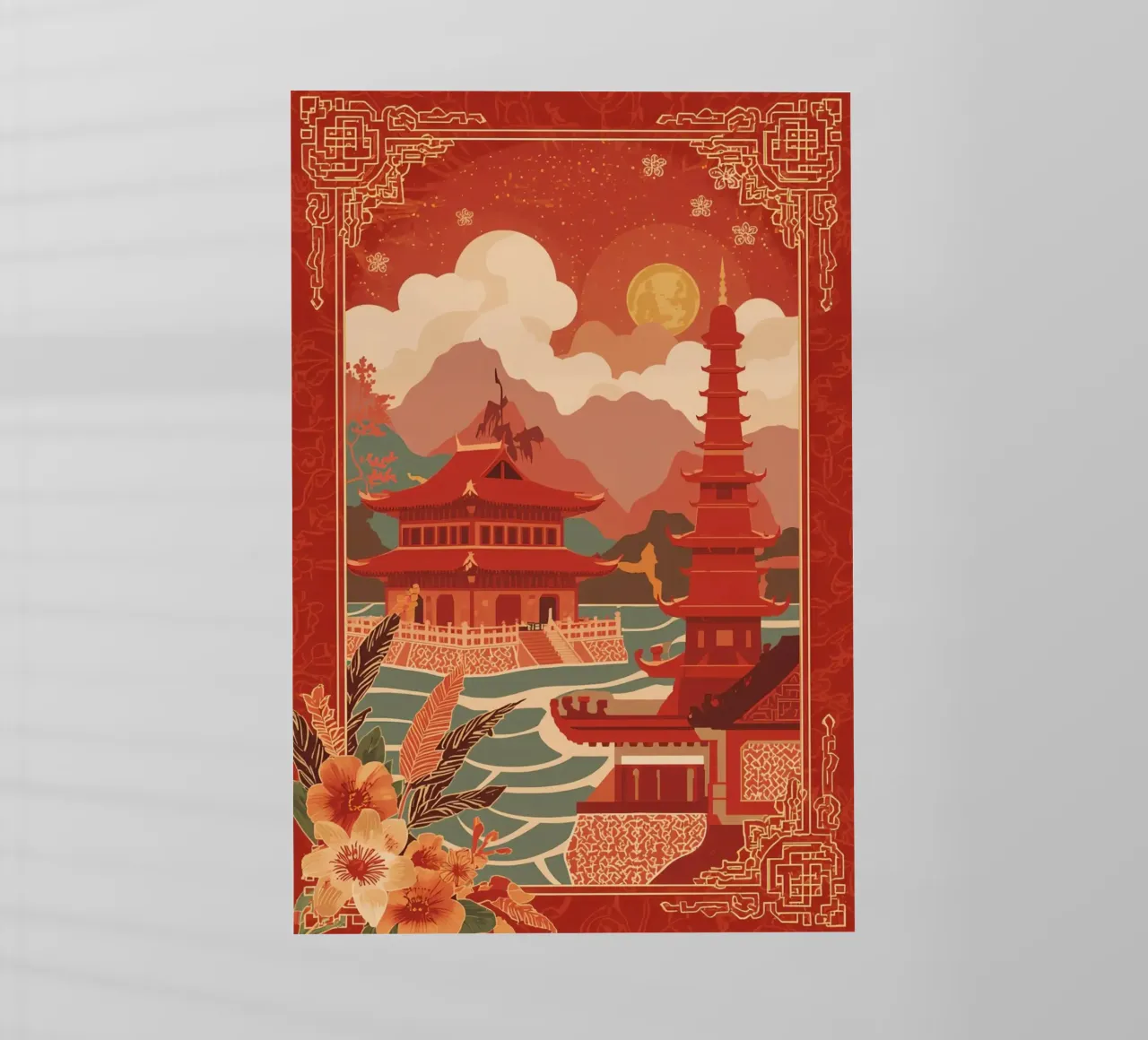 Paesaggio asiatico con pagode e bordura floreale pellicola backlit da DesignDoodle