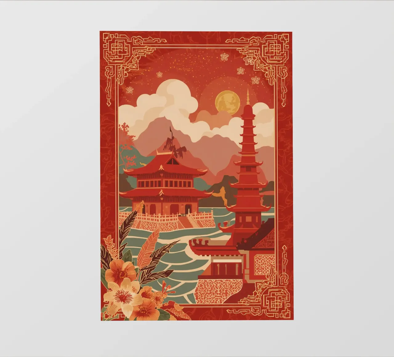 Paesaggio asiatico con pagode e bordura floreale telo in pvc da DesignDoodle