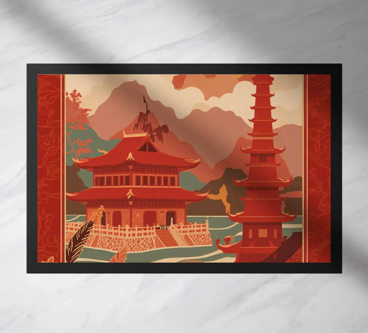 Paesaggio asiatico con pagode e bordura floreale zerbino da DesignDoodle
