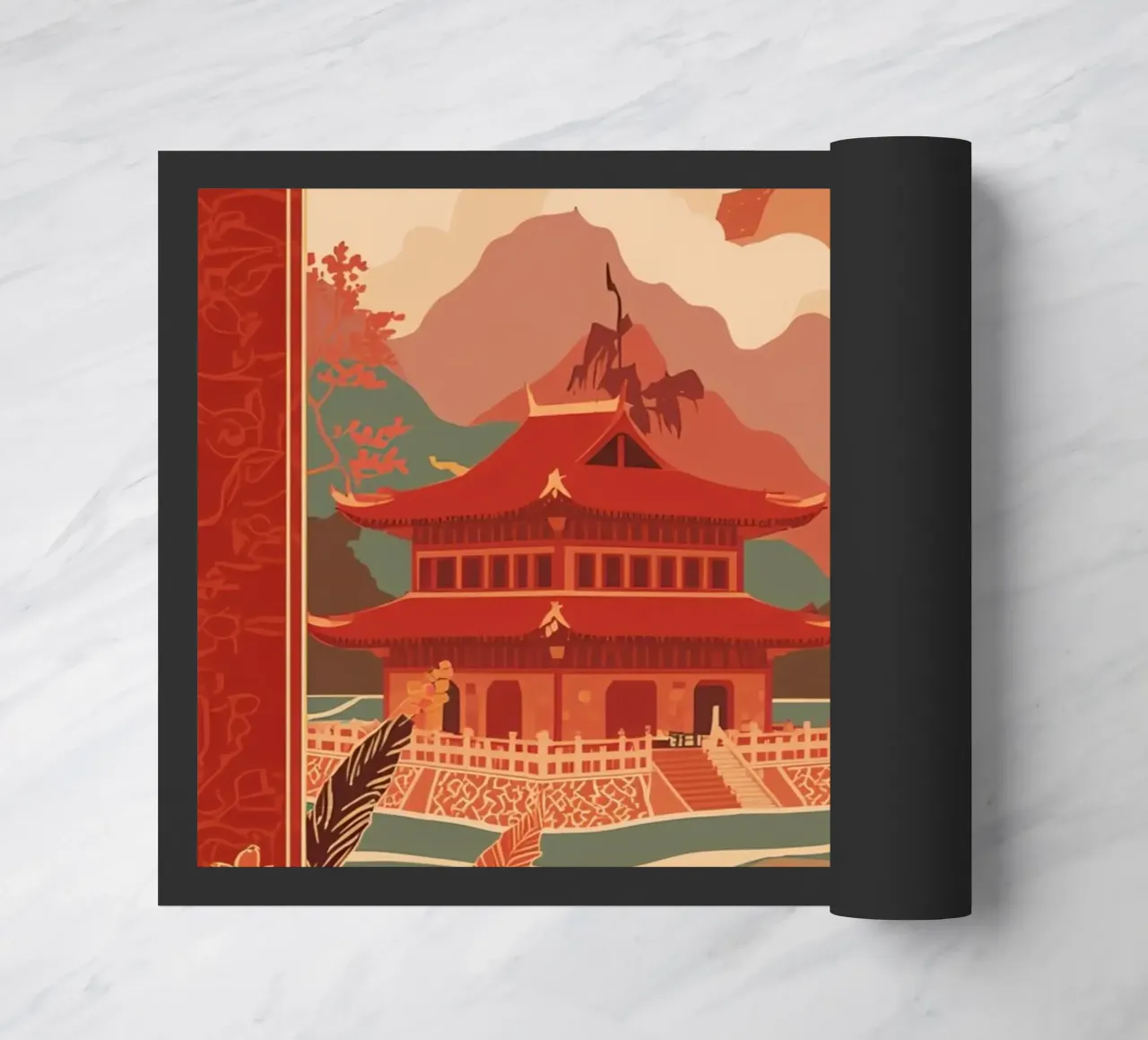 Paesaggio asiatico con pagode e bordura floreale zerbino da DesignDoodle