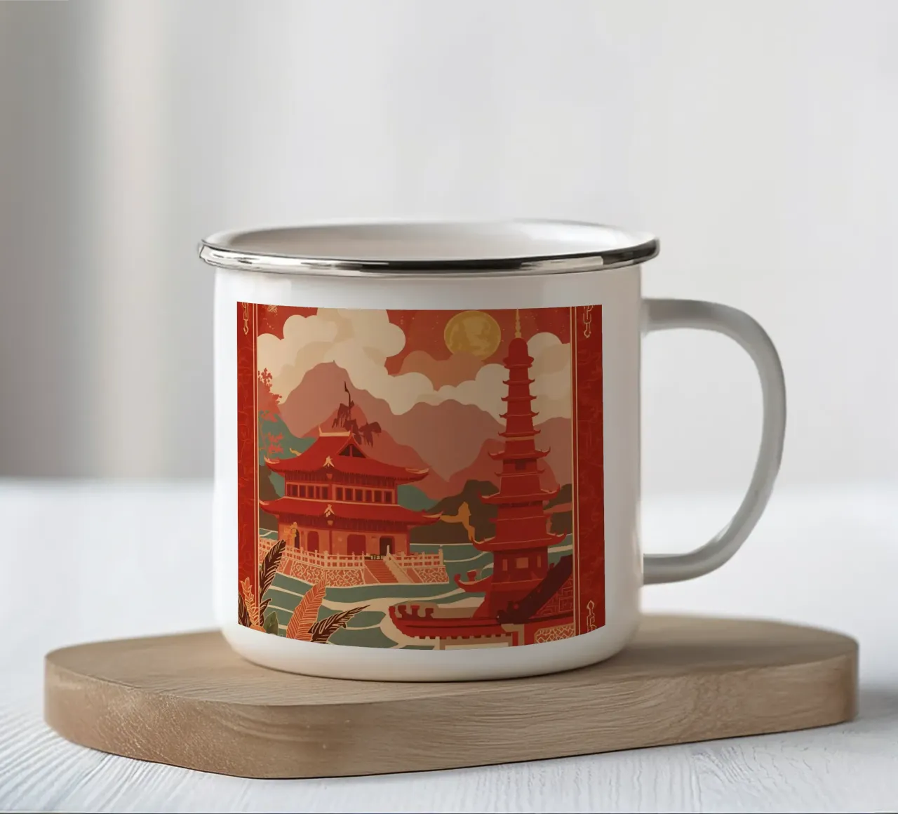 Paesaggio asiatico con pagode e bordura floreale tazza in smalto da DesignDoodle