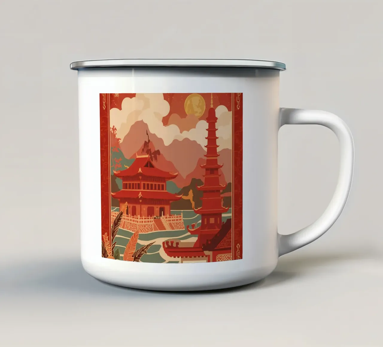 Paesaggio asiatico con pagode e bordura floreale tazza in smalto da DesignDoodle